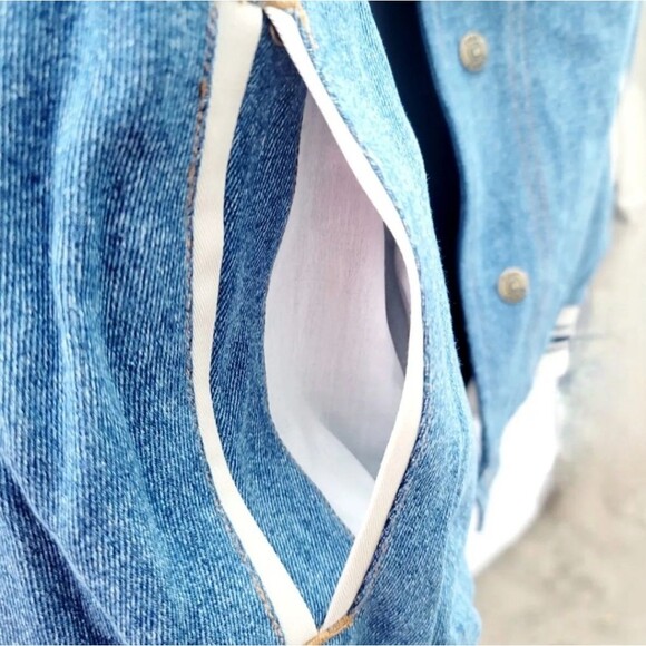 First Choice VTG 1990s Men's Premium Denim Varsity Bomber Jean Jacket Blue NWT - Picture 2 of 16